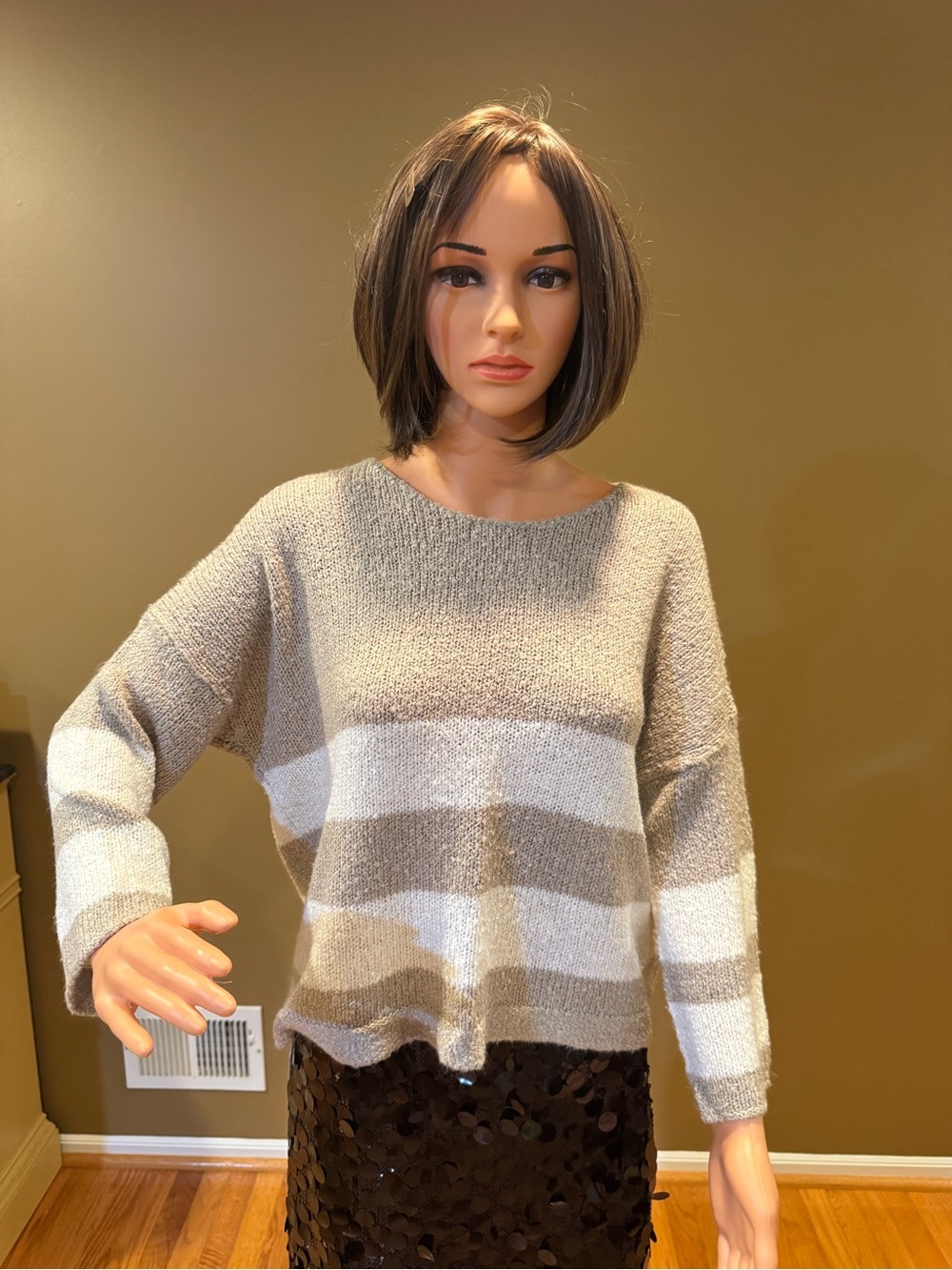 Relaxed Fit Striped Scoop Neck Sweater in Taupe and White